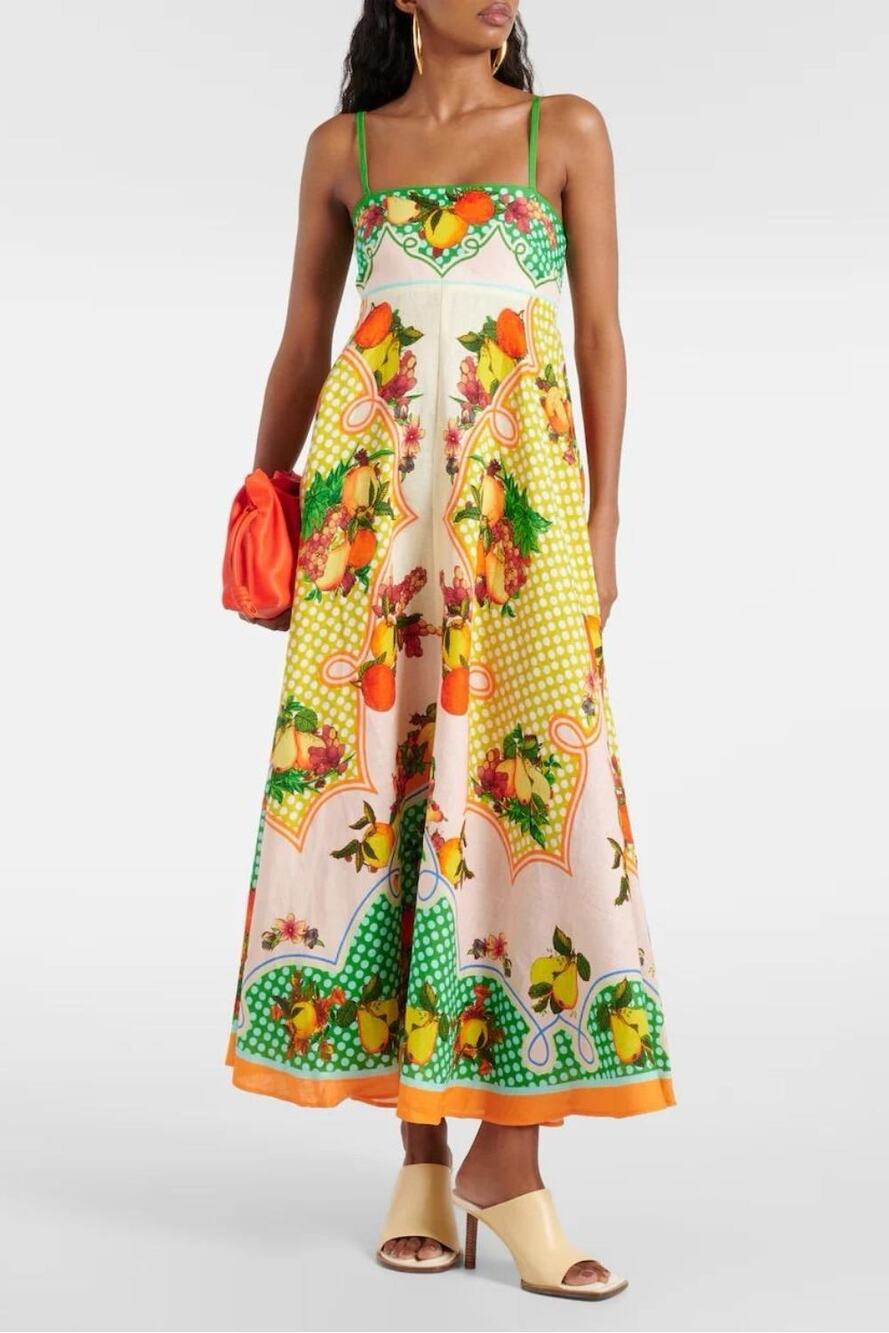NWT Revolve Caroline Constas Linen Fruit Print Maxi Dress Size Small.